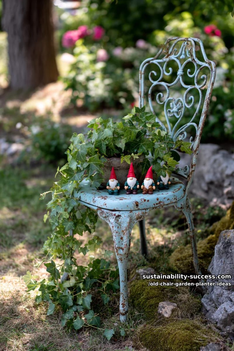 repurpose a vintage metal chair with trailing ivy and garden gnomes 1