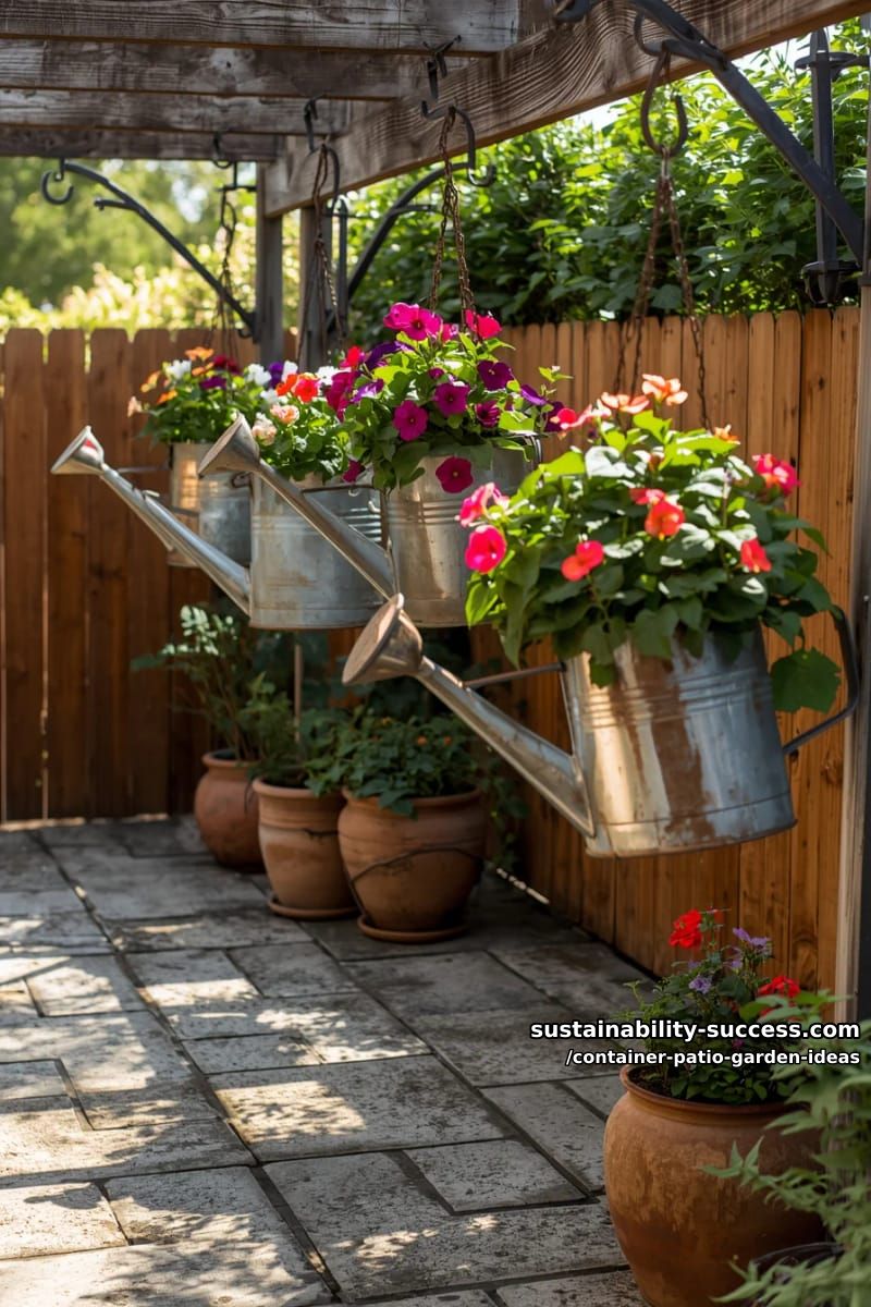 repurpose metal watering cans as hanging garden planters bursting with color. 1