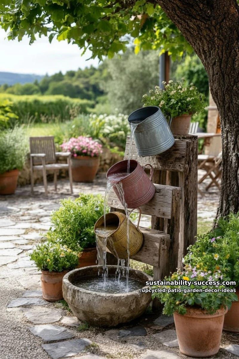 repurposed metal watering cans as cascading water features 1