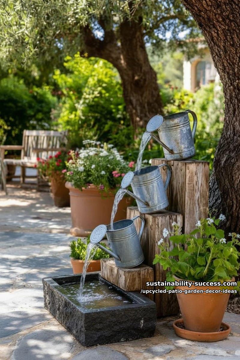 repurposed metal watering cans as cascading water features 1