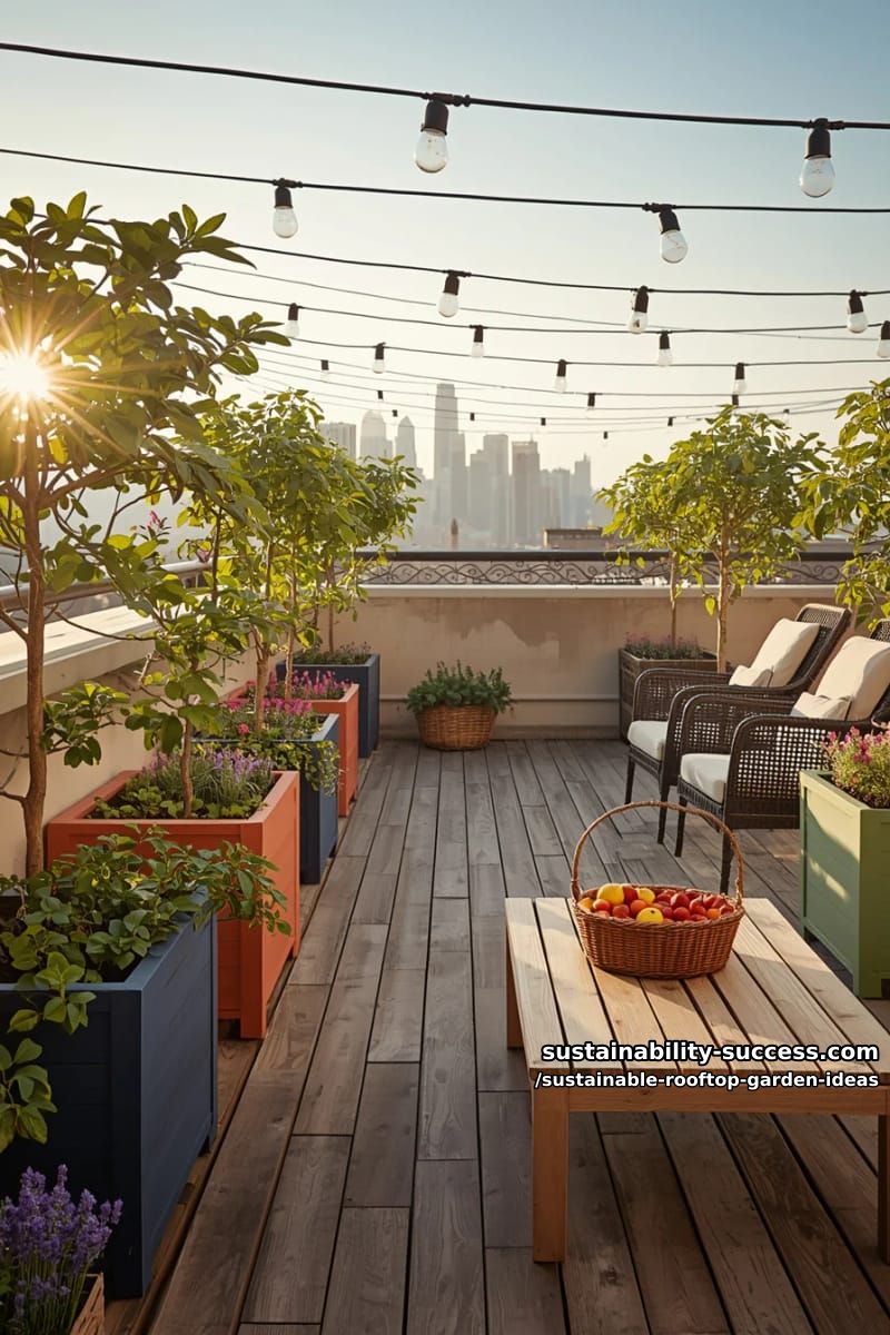 rooftop orchard of dwarf fruit trees in color-block containers 1