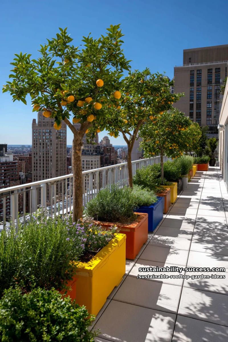 rooftop orchard of dwarf fruit trees in color-block containers 1