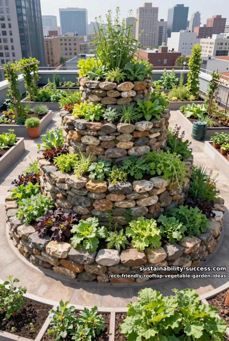 rooftop spiral garden centerpiece using stones and native edible plants 1