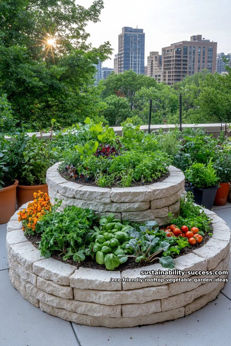 rooftop spiral garden centerpiece using stones and native edible plants 1