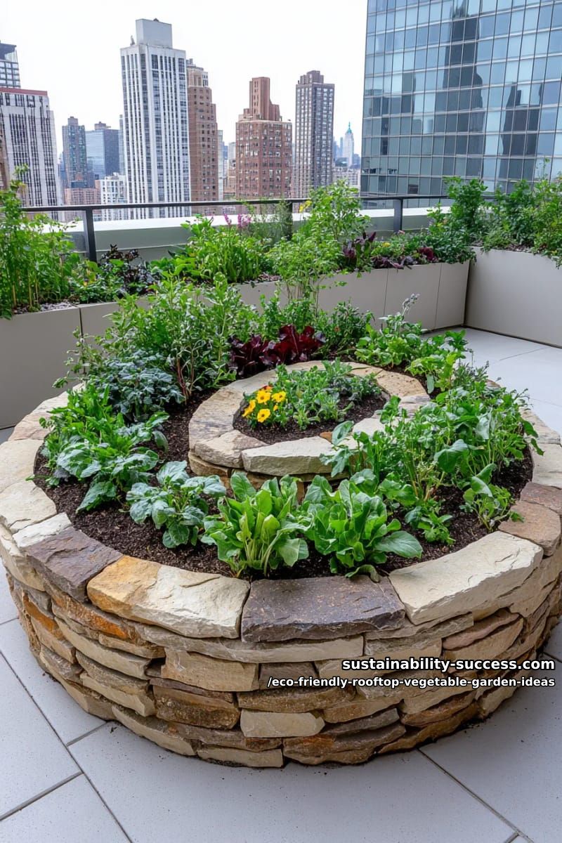 rooftop spiral garden centerpiece using stones and native edible plants 1