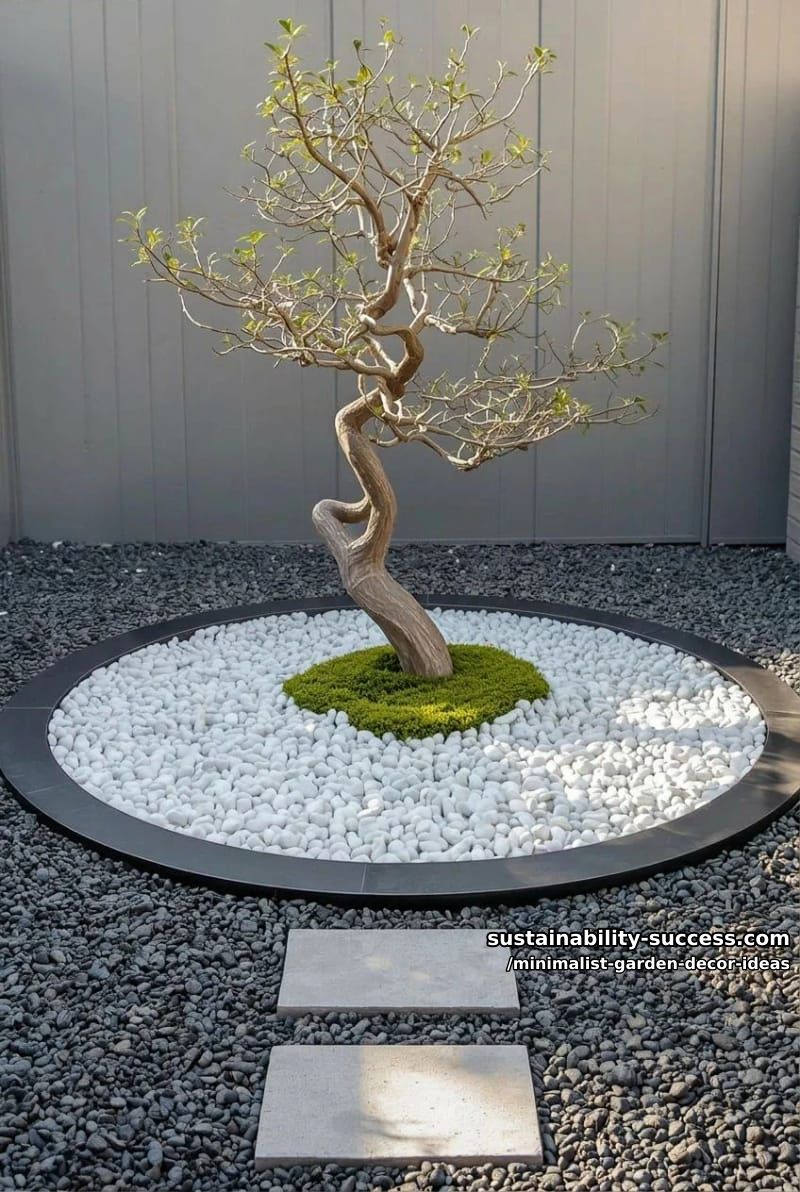 round pebble garden bed with single sculptural tree 1
