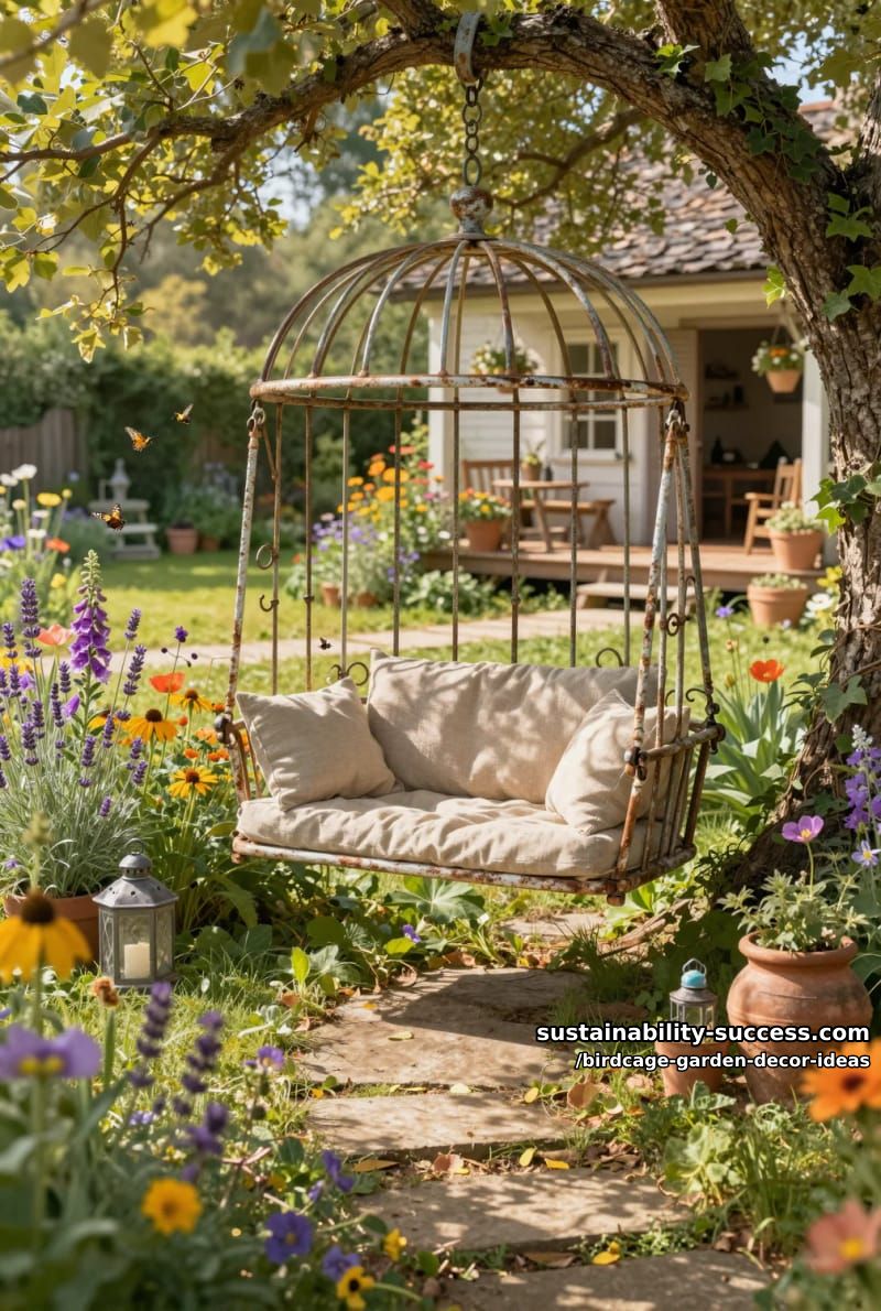 rustic birdcage swing seat surrounded by pollinator-friendly blooms 1