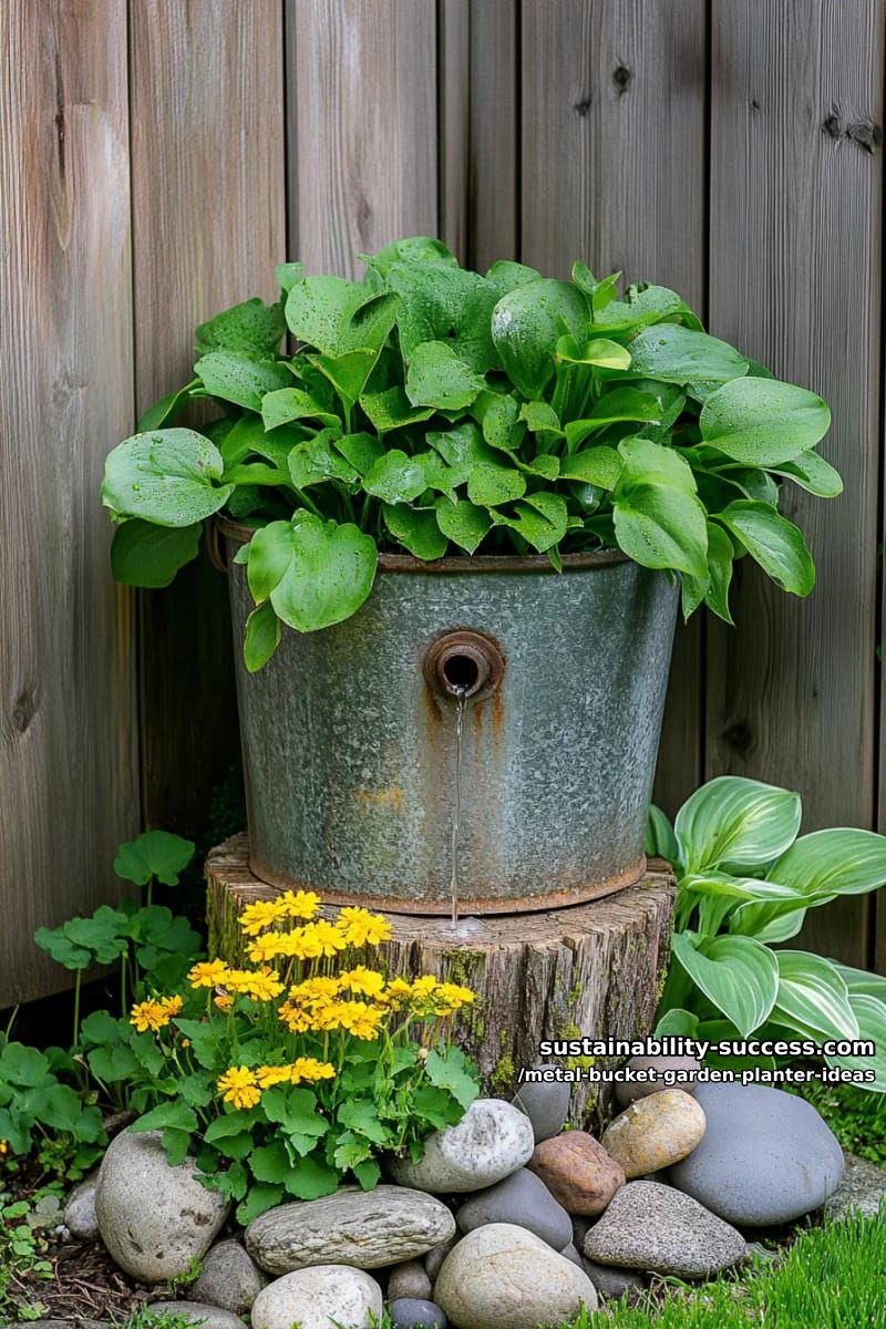 rustic bucket fountain planter with water-loving plants at the base 1