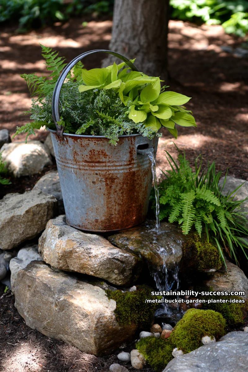 rustic bucket fountain planter with water-loving plants at the base 1