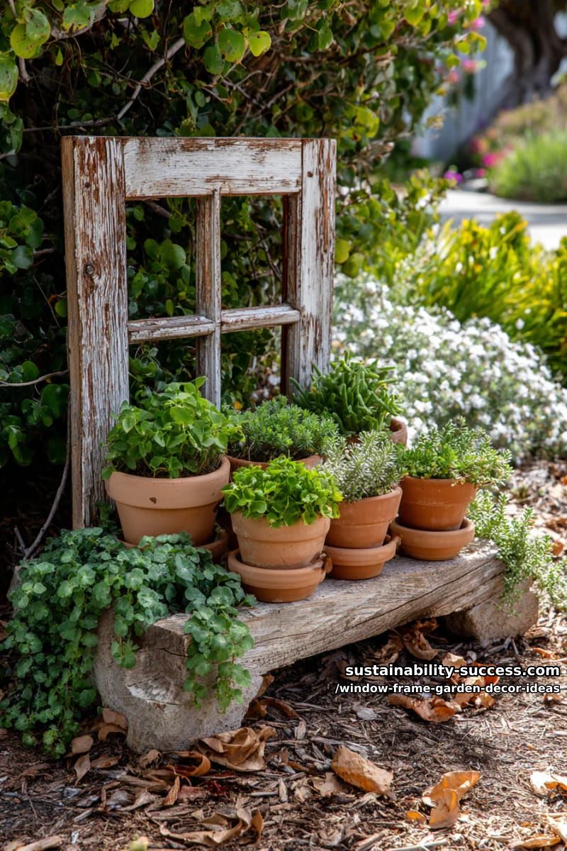 rustic frame garden featuring terracotta pots stacked on bottom ledge 1