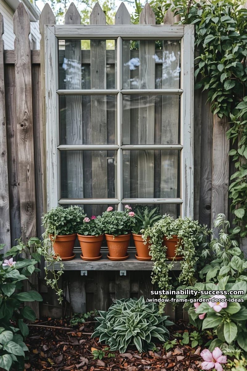 rustic frame garden featuring terracotta pots stacked on bottom ledge 1