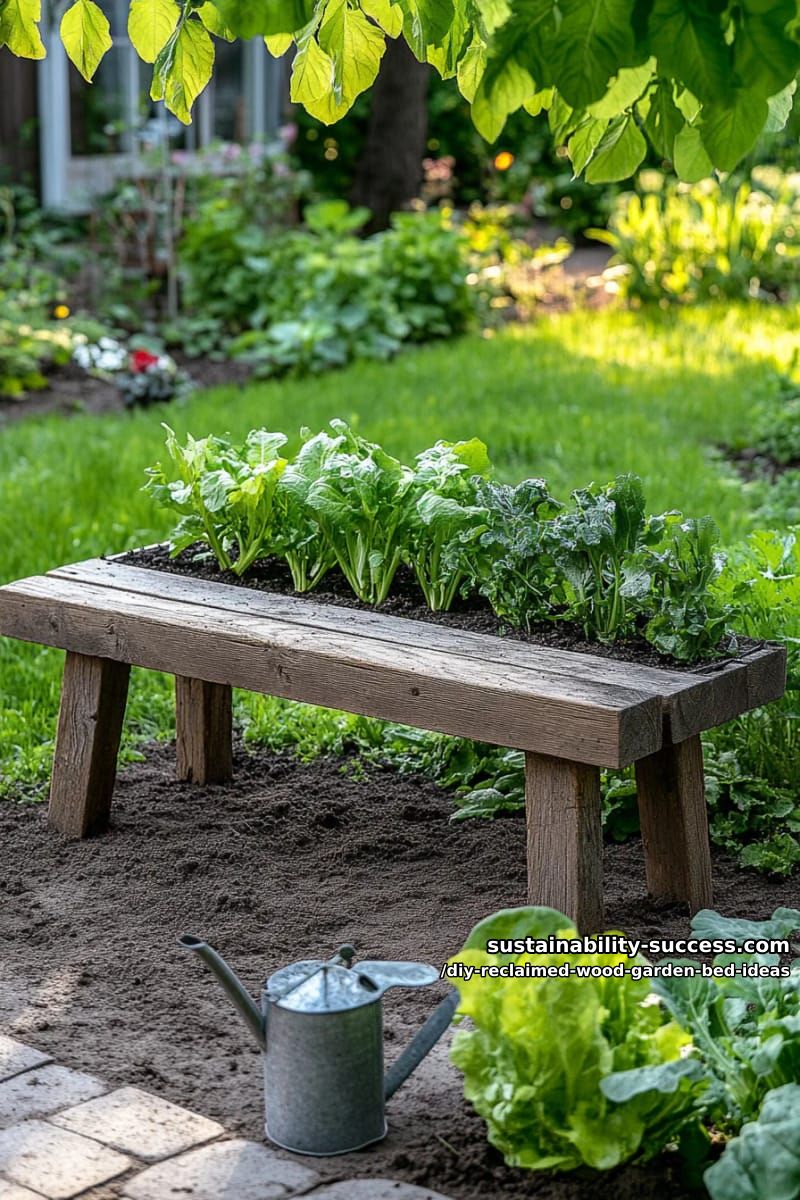 15 DIY Reclaimed Wood Garden Bed Ideas for Vibrant Backyards 30 rustic garden bench combined with a vegetable bed along the back 1