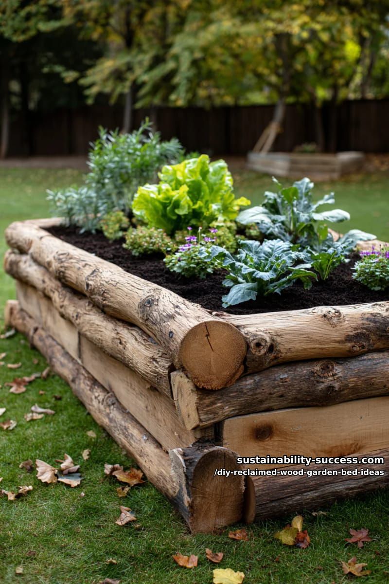 15 DIY Reclaimed Wood Garden Bed Ideas for Vibrant Backyards 14 rustic log-edged bed with pallet wood inlay for contrast 1