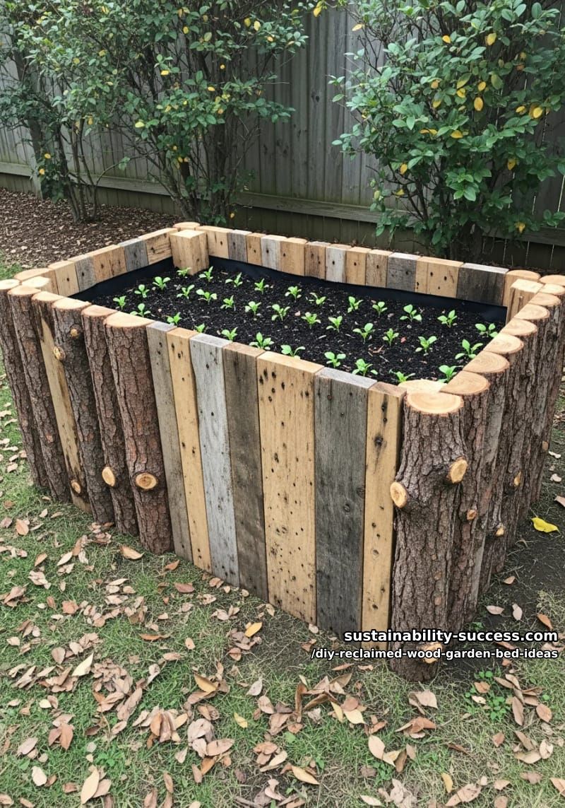 15 DIY Reclaimed Wood Garden Bed Ideas for Vibrant Backyards 15 rustic log-edged bed with pallet wood inlay for contrast 1