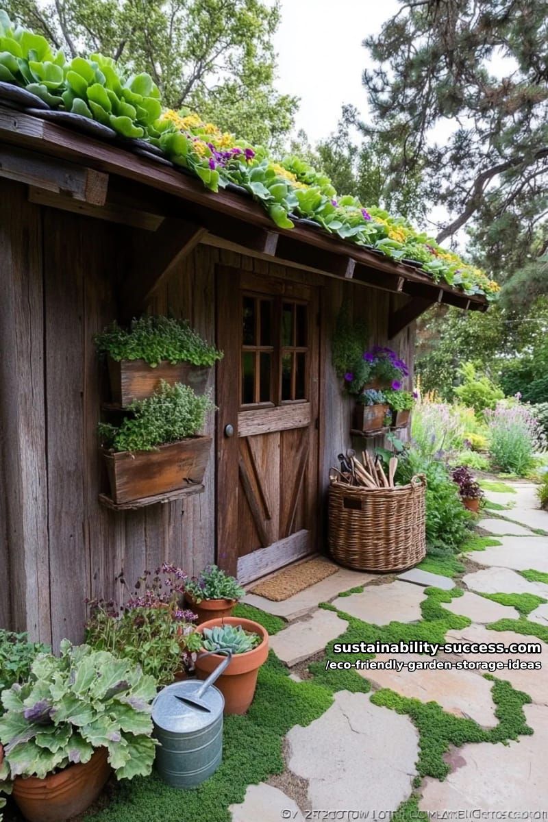 rustic outdoor shed with green living roof and reclaimed wood doors 1