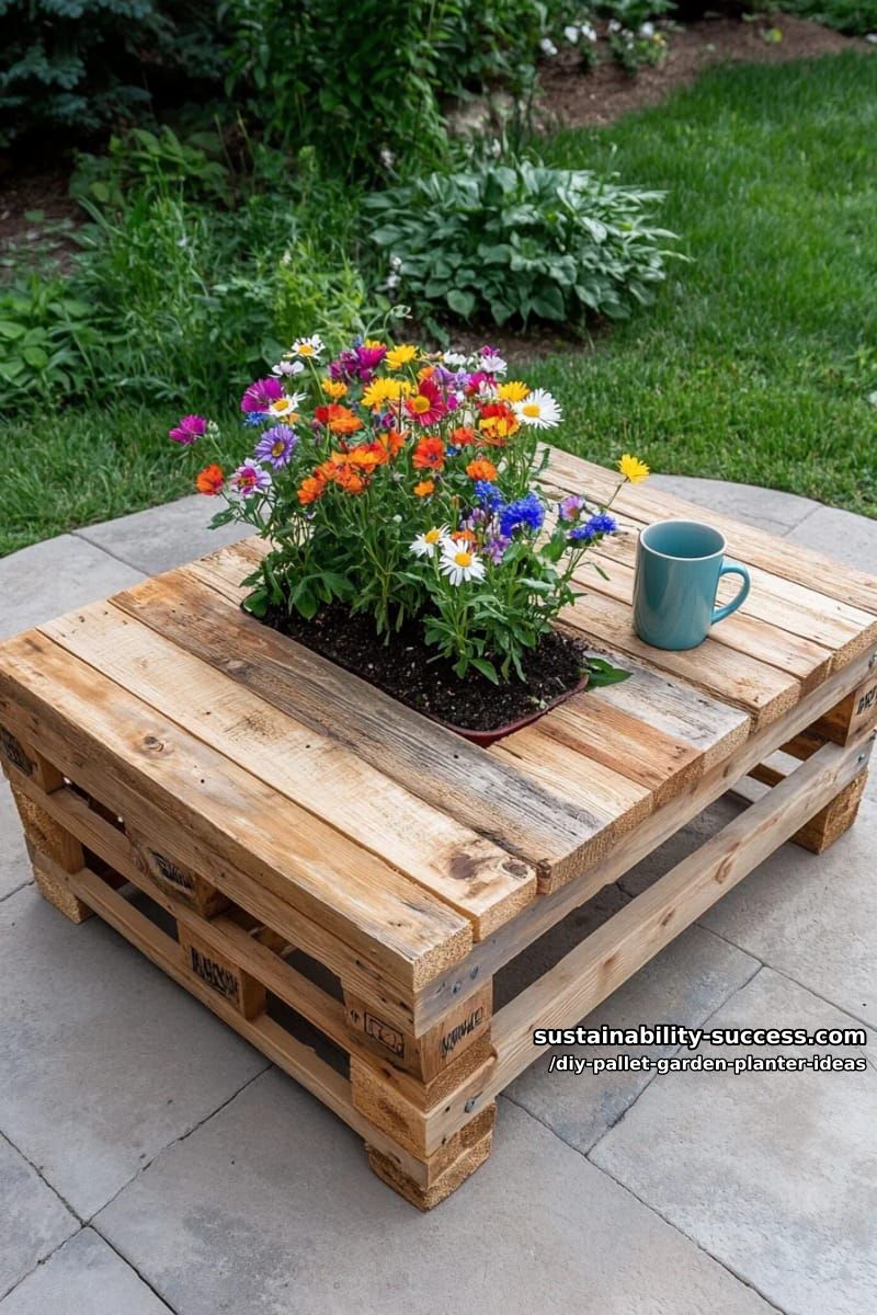 rustic pallet coffee table with integrated planter trough for wildflowers 1