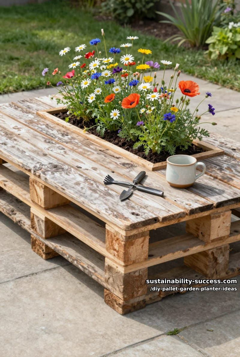 rustic pallet coffee table with integrated planter trough for wildflowers 1