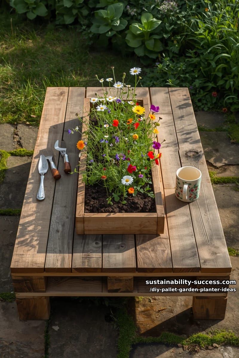 rustic pallet coffee table with integrated planter trough for wildflowers 1