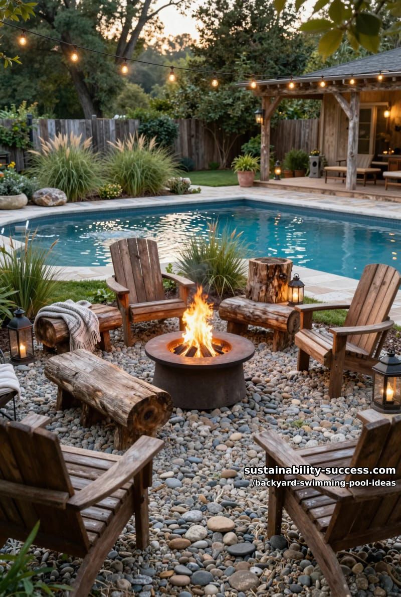 rustic poolside fire pit zone with timber seating and pebble surround 1