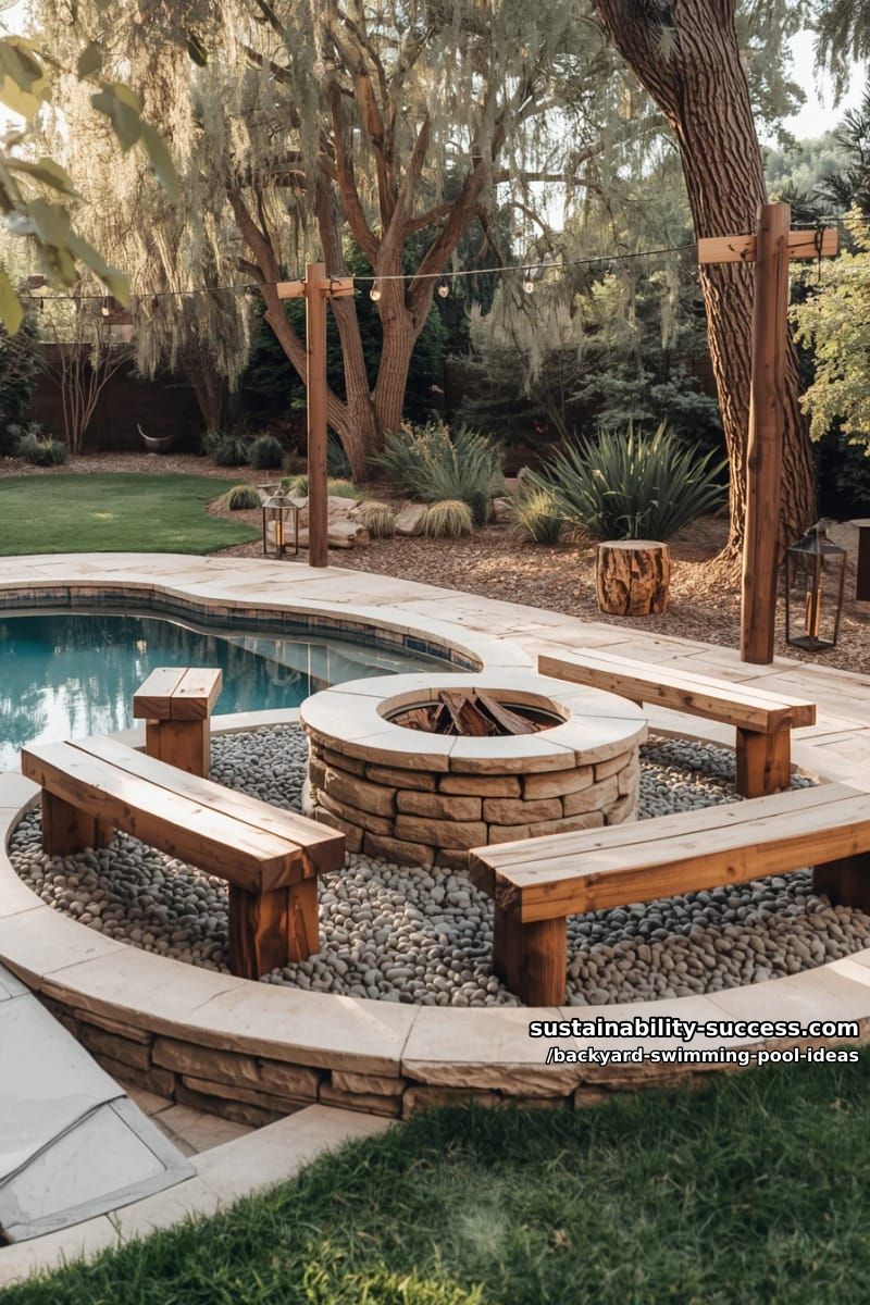 rustic poolside fire pit zone with timber seating and pebble surround 1