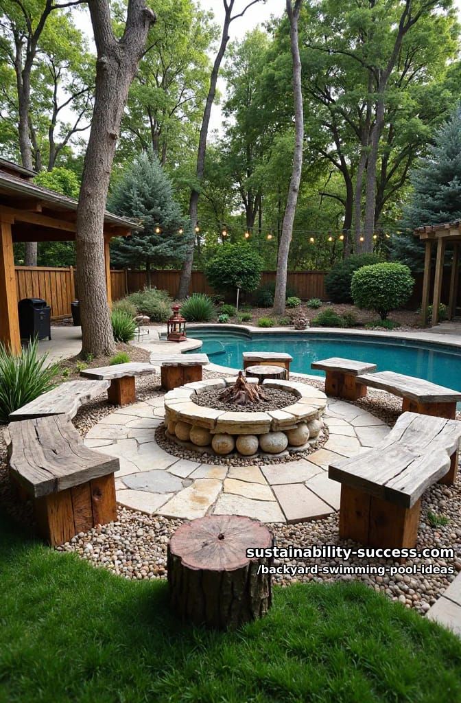 rustic poolside fire pit zone with timber seating and pebble surround 1