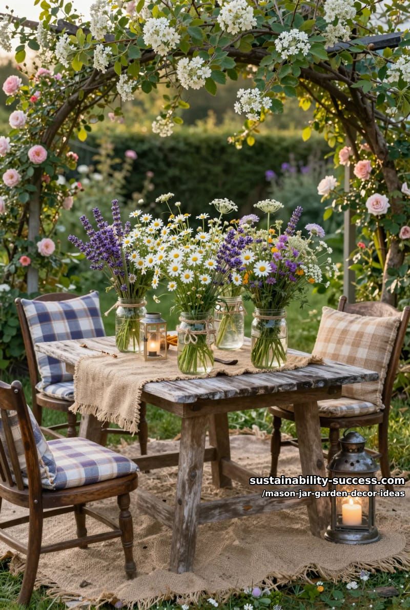rustic twine-wrapped mason jars holding wildflowers on a garden table 1