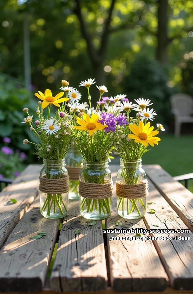 rustic twine-wrapped mason jars holding wildflowers on a garden table 1
