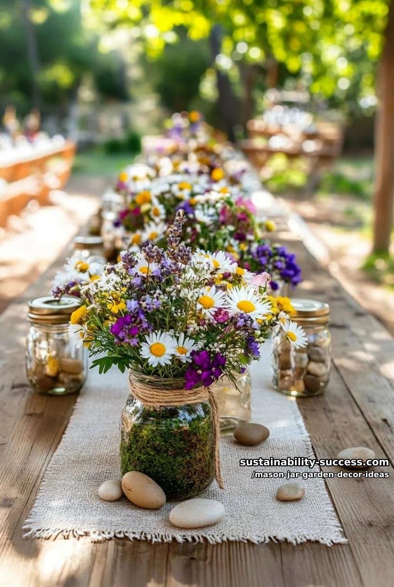 rustic twine-wrapped mason jars holding wildflowers on a garden table 1