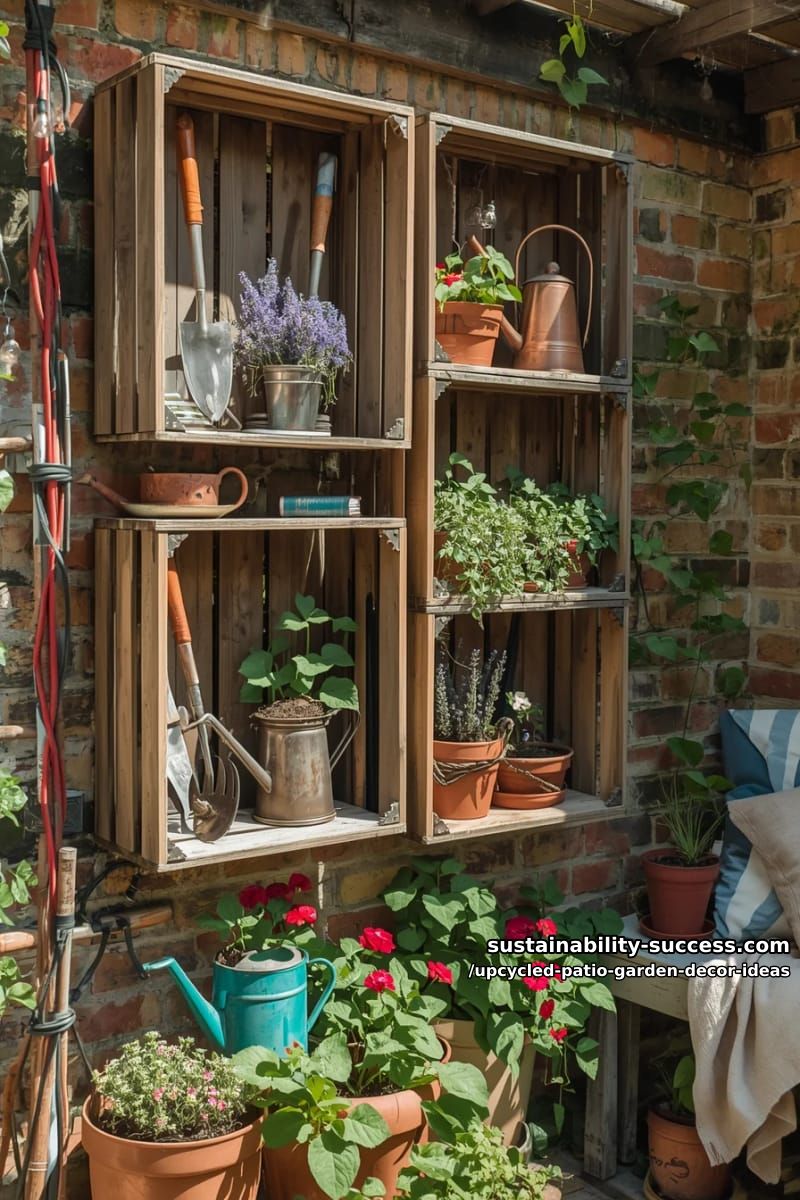 rustic wooden crate shelves filled with vintage garden tools and potted blooms 1