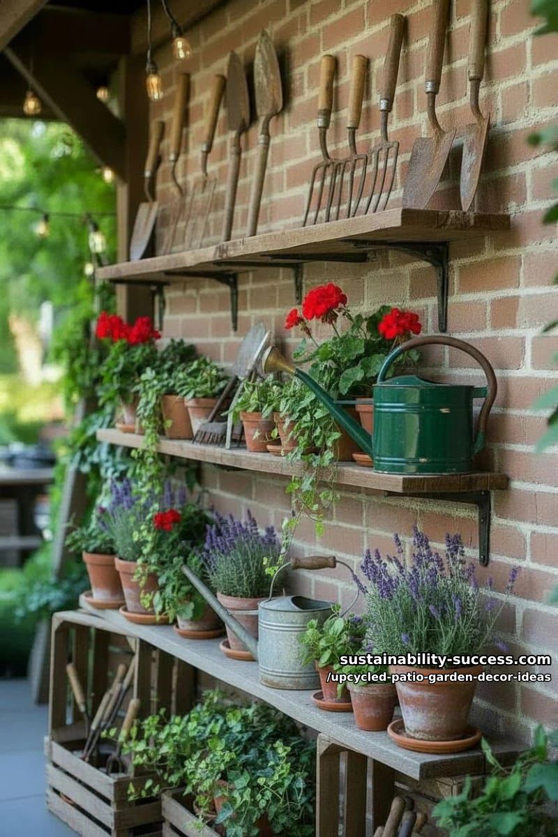 rustic wooden crate shelves filled with vintage garden tools and potted blooms 1