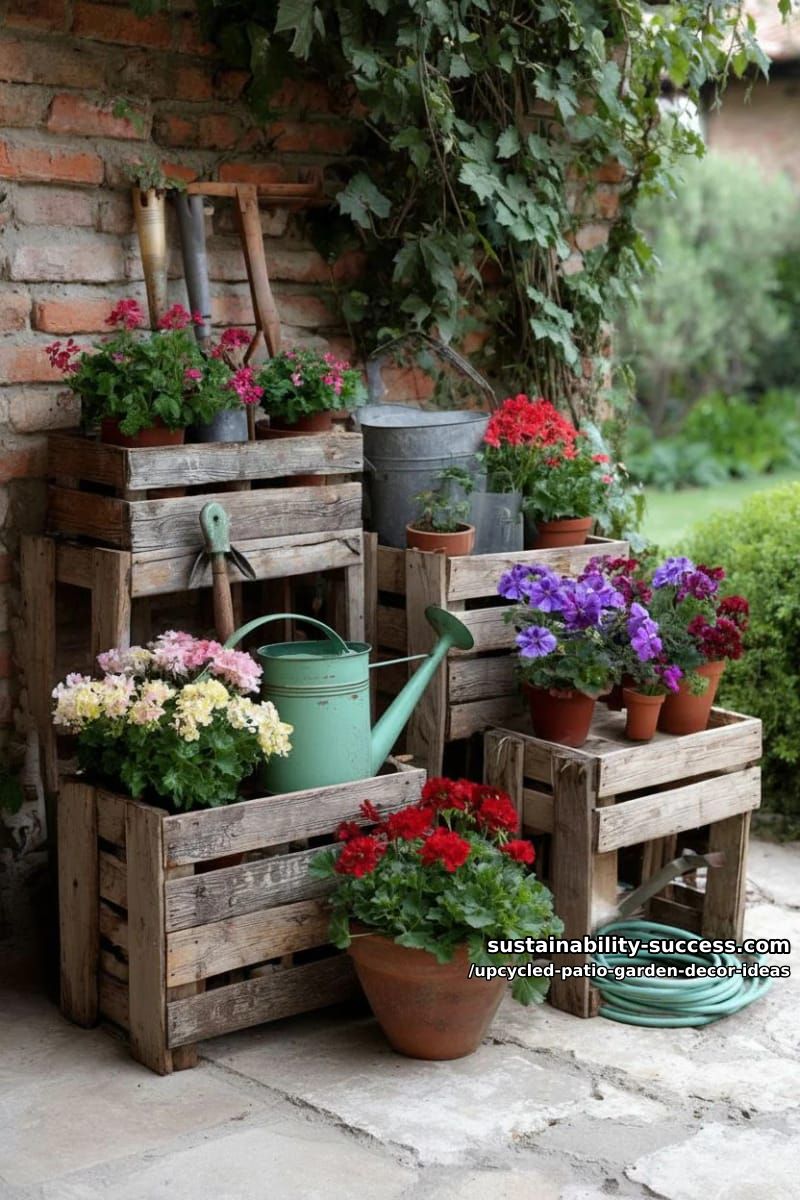 rustic wooden crate shelves filled with vintage garden tools and potted blooms 1