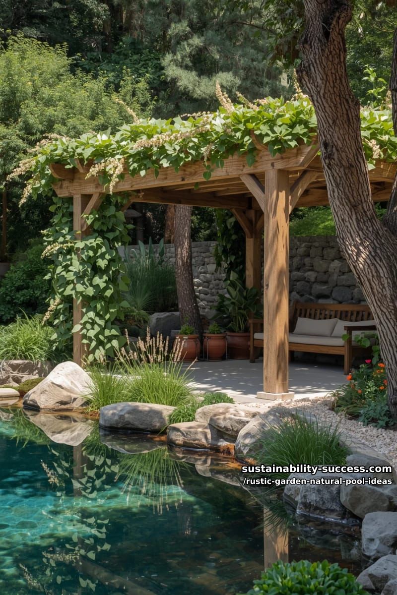 rustic wooden pergola draped in vines overlooking a tranquil garden pool 1