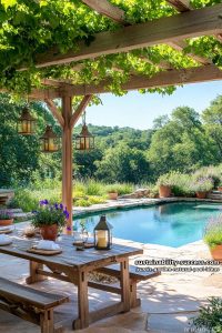 rustic wooden pergola draped in vines overlooking a tranquil garden pool 26