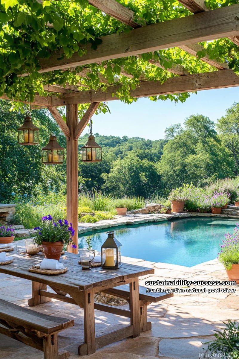 rustic wooden pergola draped in vines overlooking a tranquil garden pool 1