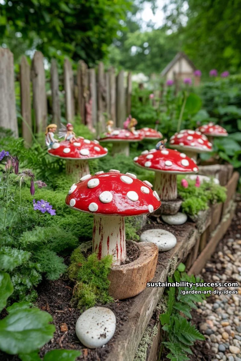 23 Creative Garden Art DIY Ideas for a Unique Outdoor Decor 24 sculpt mushrooms from upcycled bowls and red spray paint for fairy corners. 1