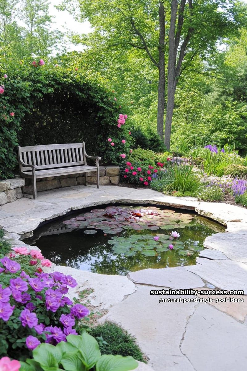 secret garden pool surrounded by flowering perennials and tall trees 1