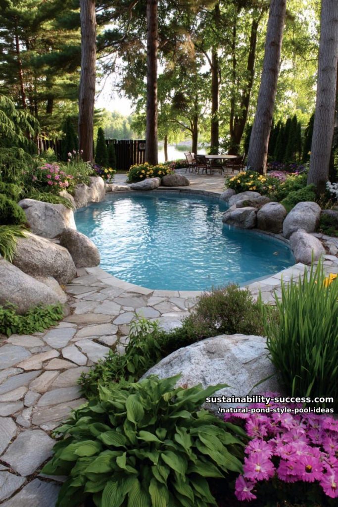 secret garden pool surrounded by flowering perennials and tall trees 24