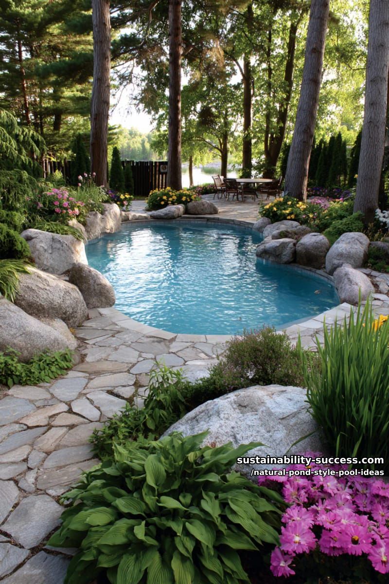 secret garden pool surrounded by flowering perennials and tall trees 1