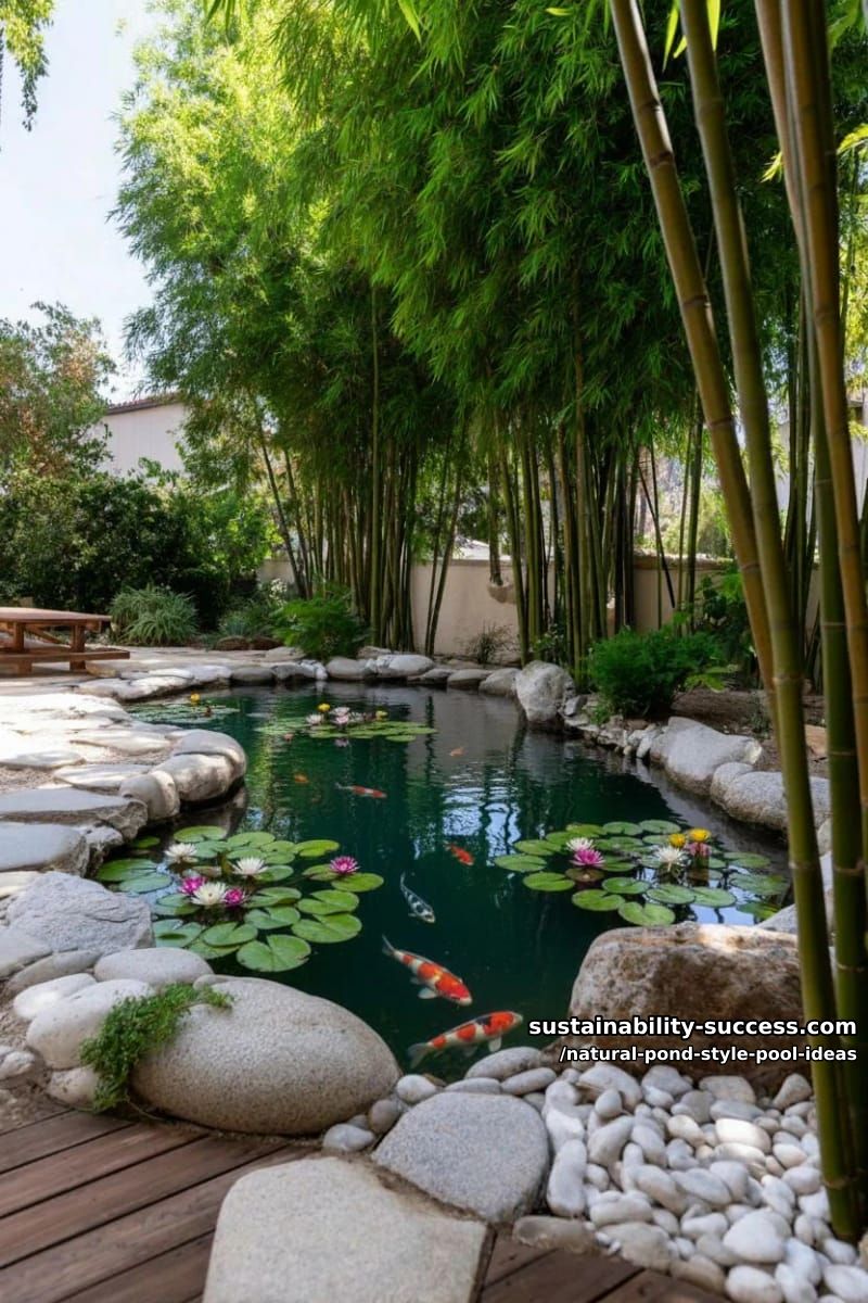 serene bamboo-surrounded swimming pond with koi fish 1