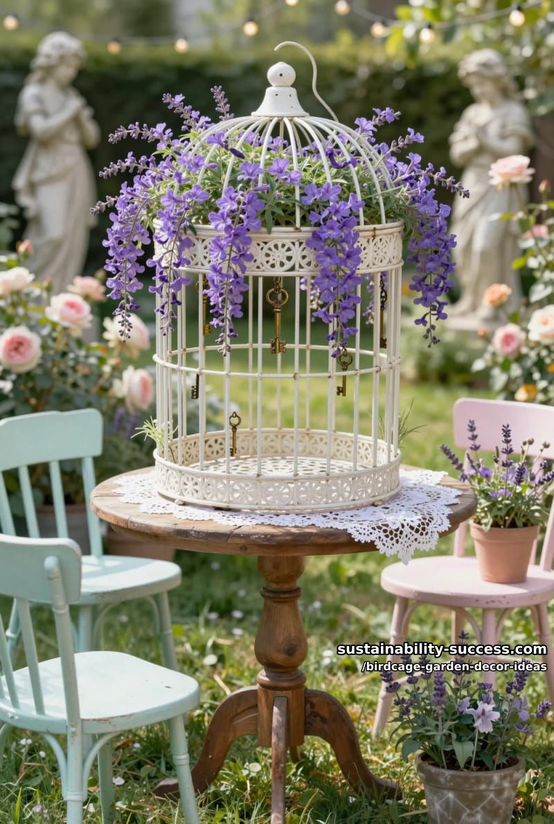 shabby chic birdcage with cascading purple lobelia and antique keys 1
