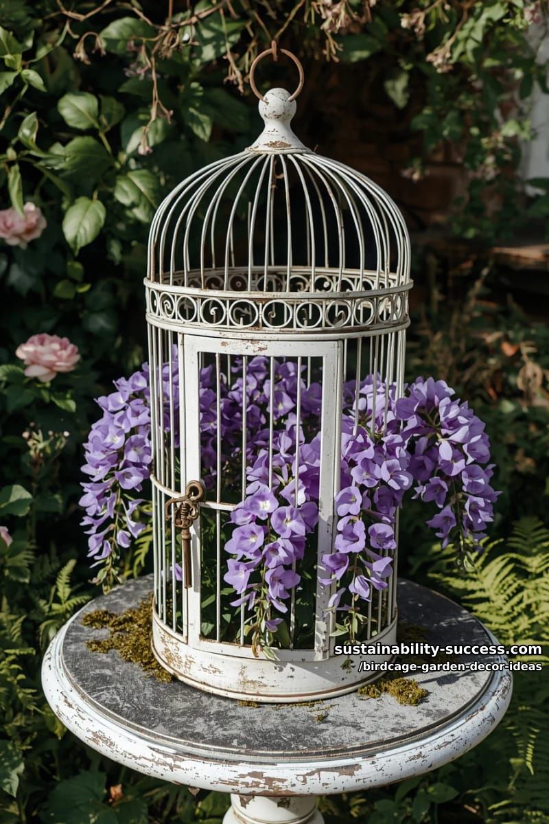 shabby chic birdcage with cascading purple lobelia and antique keys 1