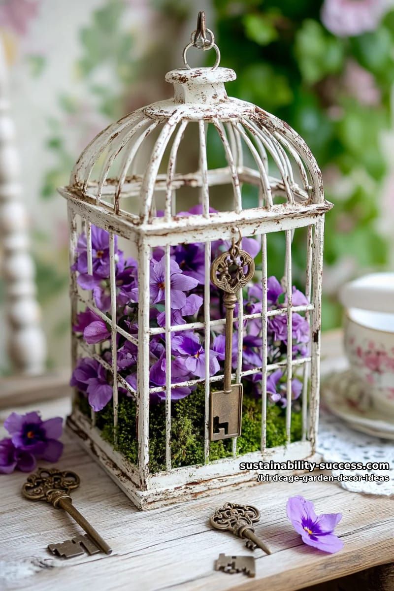 shabby chic birdcage with cascading purple lobelia and antique keys 1