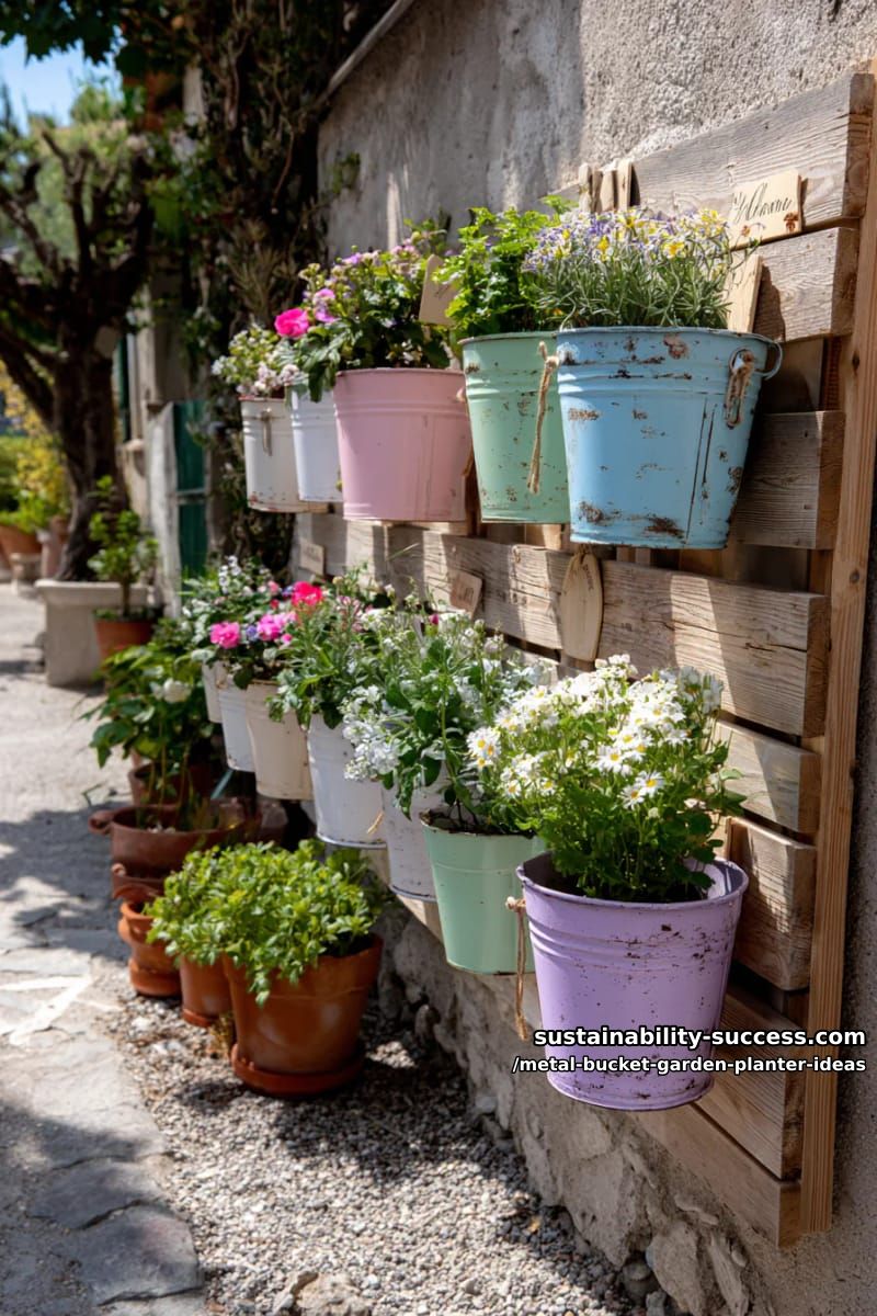 shabby chic pastel-painted buckets arranged in a vertical wall display 1