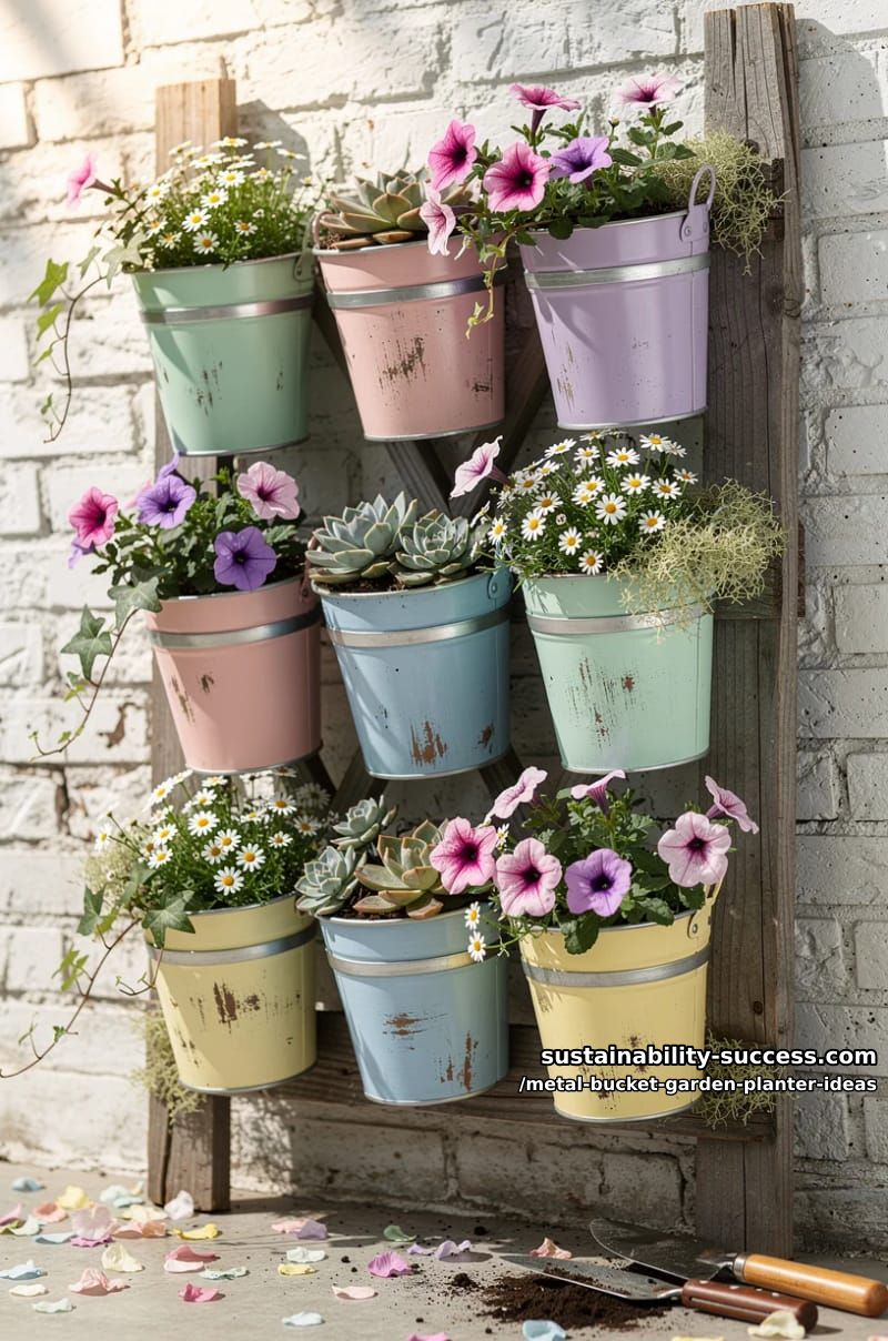 shabby chic pastel-painted buckets arranged in a vertical wall display 1