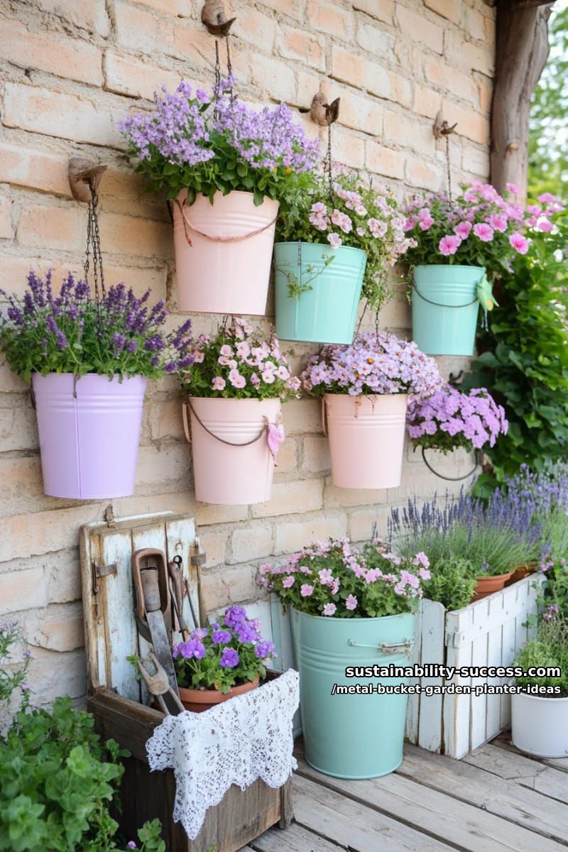 shabby chic pastel-painted buckets arranged in a vertical wall display 1