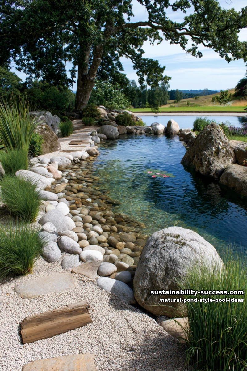 shallow entry area bordered by wild grasses and mossy boulders 1