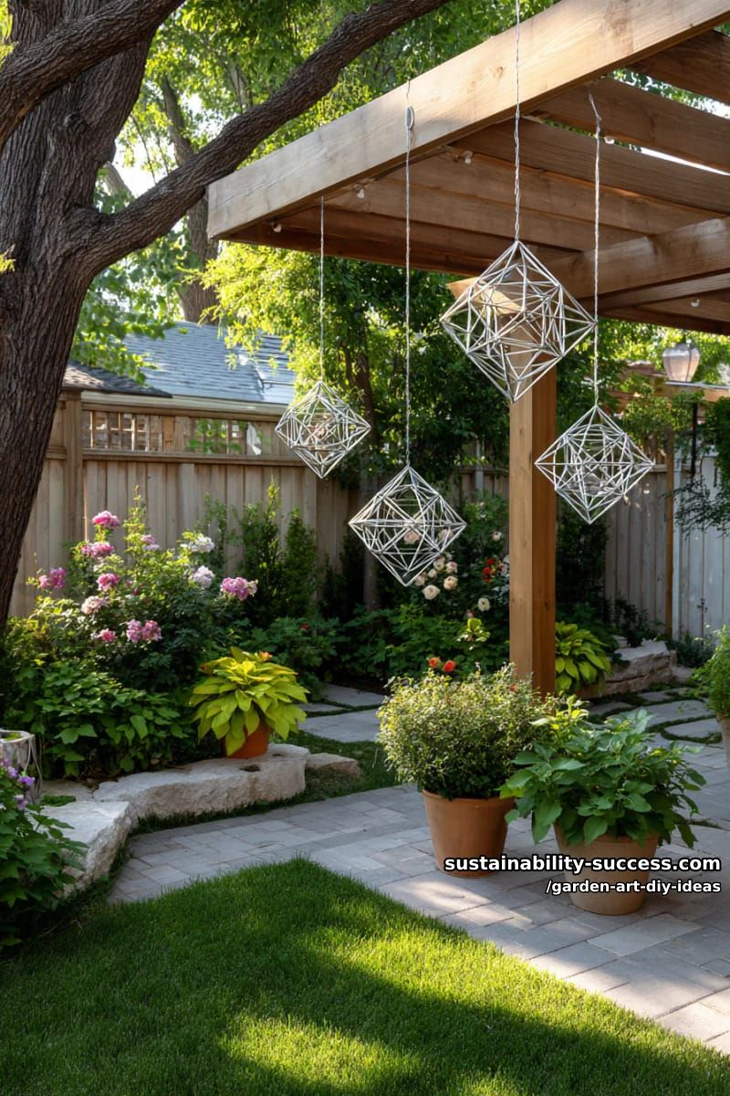 23 Creative Garden Art DIY Ideas for a Unique Outdoor Decor 18 shape metal wire into geometric hanging sculptures for a modern touch. 1