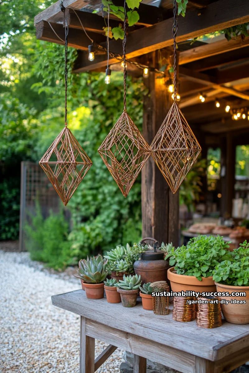 23 Creative Garden Art DIY Ideas for a Unique Outdoor Decor 19 shape metal wire into geometric hanging sculptures for a modern touch. 1