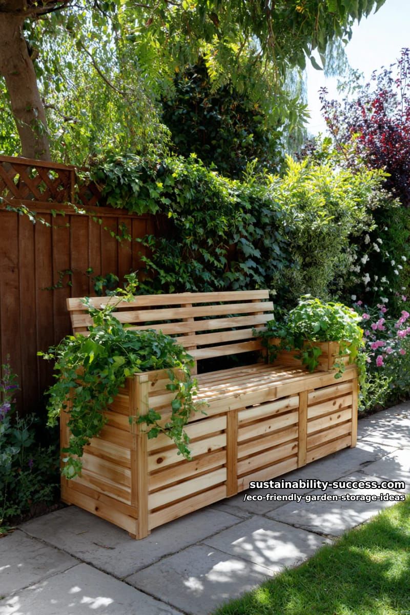 slatted wooden bin store that doubles as a garden bench with planters 1