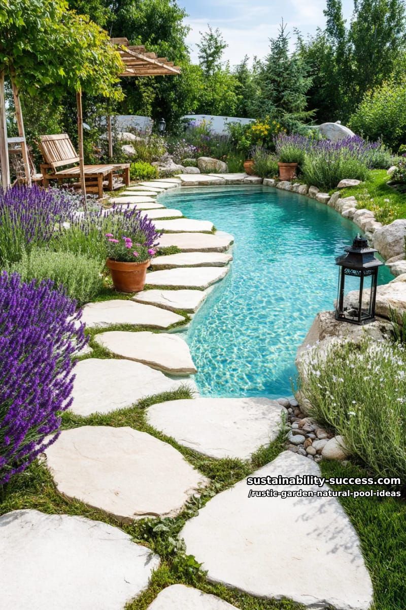 small backyard oasis with flagstone stepping stones and blooming lavender 1